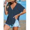 imageCUPSHE Women Summe Tops V Neck Blouses Short Sleeves Lace Shirt Button Front Tee Work Vacation OutfitsBlue