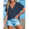 imageCUPSHE Women Summe Tops V Neck Blouses Short Sleeves Lace Shirt Button Front Tee Work Vacation OutfitsBlue