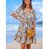 imageCUPSHE Womens Mini Dress V Neck Tropical Short Sleeve Loose Fit Ruffled Short Summer Beach DressPink Tropical