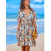imageCUPSHE Womens Mini Dress V Neck Tropical Short Sleeve Loose Fit Ruffled Short Summer Beach DressPink Tropical
