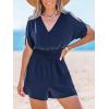 imageCUPSHE Womens Romper V Neck Short Sleeves Tied Elasticized Waist Wide leg Jumpsuit Outfit Casual VacationBlue