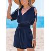 imageCUPSHE Womens Romper V Neck Short Sleeves Tied Elasticized Waist Wide leg Jumpsuit Outfit Casual VacationBlue