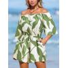 imageCUPSHE Womens Summer Casual 34 Sleeve Romper Wide Leg Floral Tropical Off Shoulder Elastic Waist Jumpsuit with Pockets Green M