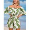 imageCUPSHE Womens Summer Casual 34 Sleeve Romper Wide Leg Floral Tropical Off Shoulder Elastic Waist Jumpsuit with Pockets Green M