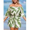 imageCUPSHE Womens Summer Casual 34 Sleeve Romper Wide Leg Floral Tropical Off Shoulder Elastic Waist Jumpsuit with Pockets Green M