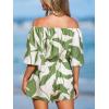 imageCUPSHE Womens Summer Casual 34 Sleeve Romper Wide Leg Floral Tropical Off Shoulder Elastic Waist Jumpsuit with Pockets Green M