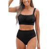 imageCUPSHE Womens Bikini Sets Two Piece Bathing Suit High Waisted Square Neck Adjustable Straps RuchedBlack