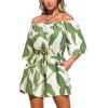 imageCUPSHE Womens Summer Casual 34 Sleeve Romper Wide Leg Floral Tropical Off Shoulder Elastic Waist Jumpsuit with Pockets Green M