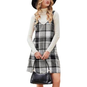 imageCUPSHE Fall Dresses for Women V Neck Plaid Sleeveless Wide Strpas Pockets Casual Pinafore Mini Overall DressBlack Plaid