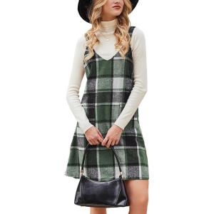 imageCUPSHE Fall Dresses for Women V Neck Plaid Sleeveless Wide Strpas Pockets Casual Pinafore Mini Overall DressGreen Plaid