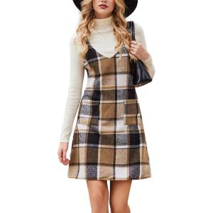 imageCUPSHE Fall Dresses for Women V Neck Plaid Sleeveless Wide Strpas Pockets Casual Pinafore Mini Overall DressKhaki Plaid