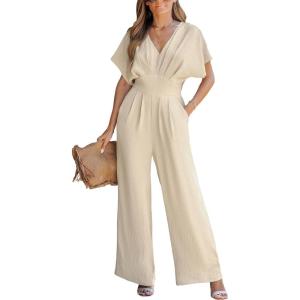 imageCUPSHE One Piece Jumpsuits for Women Casual Summer V Neck Batwing Sleeve Wide Leg Elegant Overalls Sexy Vacation OutfitsBeige