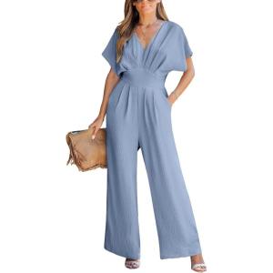 imageCUPSHE One Piece Jumpsuits for Women Casual Summer V Neck Batwing Sleeve Wide Leg Elegant Overalls Sexy Vacation OutfitsBlue