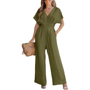 imageCUPSHE One Piece Jumpsuits for Women Casual Summer V Neck Batwing Sleeve Wide Leg Elegant Overalls Sexy Vacation OutfitsDark Green