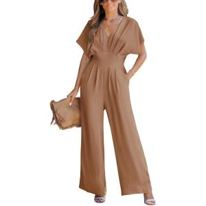 imageCUPSHE One Piece Jumpsuits for Women Casual Summer V Neck Batwing Sleeve Wide Leg Elegant Overalls Sexy Vacation OutfitsKhaki