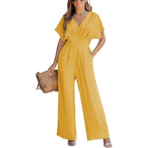 imageCUPSHE One Piece Jumpsuits for Women Casual Summer V Neck Batwing Sleeve Wide Leg Elegant Overalls Sexy Vacation OutfitsSand