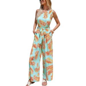 imageCUPSHE Women One Shoulder Summer Jumpsuit with Pocket Elastic Waist Tie Overall Wide Leg Casual Beach Holiday RomperTropical Mint