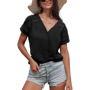 imageCUPSHE Women Summe Tops V Neck Blouses Short Sleeves Lace Shirt Button Front Tee Work Vacation OutfitsBlack