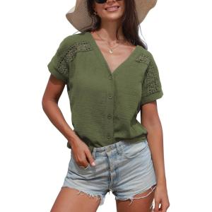 imageCUPSHE Women Summe Tops V Neck Blouses Short Sleeves Lace Shirt Button Front Tee Work Vacation OutfitsGreen