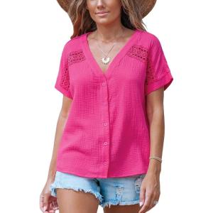 imageCUPSHE Women Summe Tops V Neck Blouses Short Sleeves Lace Shirt Button Front Tee Work Vacation OutfitsPink