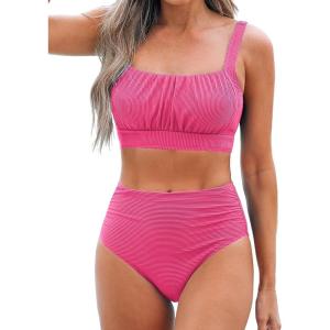 imageCUPSHE Womens Bikini Sets Two Piece Bathing Suit High Waisted Square Neck Adjustable Straps RuchedHot Pink