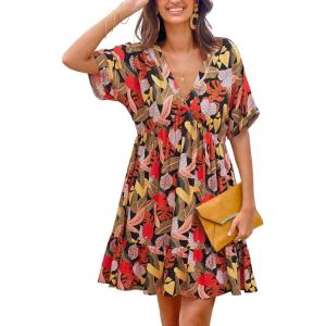 imageCUPSHE Womens Mini Dress V Neck Tropical Short Sleeve Loose Fit Ruffled Short Summer Beach DressBlack Printed