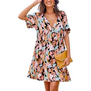 imageCUPSHE Womens Mini Dress V Neck Tropical Short Sleeve Loose Fit Ruffled Short Summer Beach DressBlack Tropical