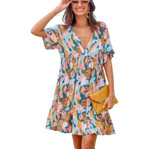 imageCUPSHE Womens Mini Dress V Neck Tropical Short Sleeve Loose Fit Ruffled Short Summer Beach DressPink Tropical