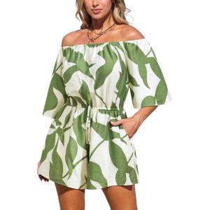 imageCUPSHE Womens Summer Casual 34 Sleeve Romper Wide Leg Floral Tropical Off Shoulder Elastic Waist Jumpsuit with Pockets Green M