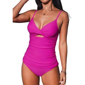 imageCUPSHE Womens Tankini Sets Two Piece Swimsuit V Neck Cutout Ruched Back Hook Front Wrap Mid Rise Reversible BottomMagentaBlack