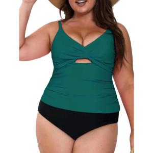 imageCUPSHE Womens Tankini Sets Two Piece Swimsuit V Neck Cutout Ruched Back Hook Front Wrap Mid Rise Reversible BottomPdeep GreenBlack