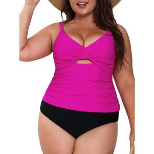 imageCUPSHE Womens Tankini Sets Two Piece Swimsuit V Neck Cutout Ruched Back Hook Front Wrap Mid Rise Reversible BottomPmagentaBlack