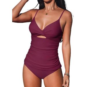 imageCUPSHE Womens Tankini Sets Two Piece Swimsuit V Neck Cutout Ruched Back Hook Front Wrap Mid Rise Reversible BottomRedBlack