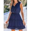 imageCUPSHE Womens Tie Notched Neck Tiered Sleeveless Elastic Waist Ruffled Trim Mini Dress Summer Short DressDark Blue