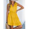 imageCUPSHE Womens Tie Notched Neck Tiered Sleeveless Elastic Waist Ruffled Trim Mini Dress Summer Short DressYellow