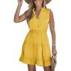 imageCUPSHE Womens Tie Notched Neck Tiered Sleeveless Elastic Waist Ruffled Trim Mini Dress Summer Short DressYellow