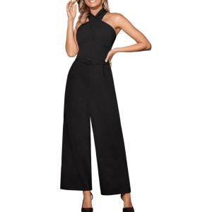 imageCUPSHE Maxi Jumpsuit for Women Crossover Halter Neck Smocked Waist Belt Straight Leg with Pockets Fall Overall RomperBlack