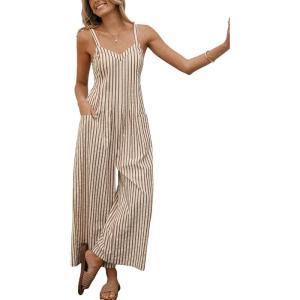 imageCUPSHE Maxi Jumpsuit for Women Striped Sleeveless Smocked Cutout Back Wide Leg Summer Casual Overall RomperRed Striped
