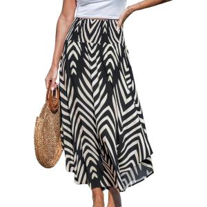 imageCUPSHE Skirts Abstract Smocked Midi Skirt High Waist Coverup Casual VacationBlack