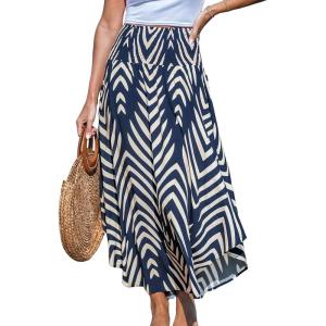 imageCUPSHE Skirts Abstract Smocked Midi Skirt High Waist Coverup Casual VacationNavy