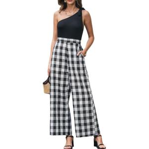 imageCUPSHE Summer Jumpsuits for Women Dressy 2025 Casual Off Shoulder One Piece Jumpsuit Plaid Wide Leg Pants Jumpers Vacation Summer Beach Outfits