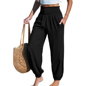 imageCUPSHE Women Pants Smocked Pockets Waist Wide Leg Ruffle Loose Fit Pant Casual BeachBlack