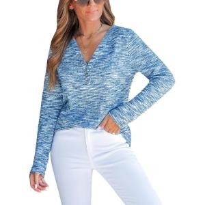 imageCUPSHE Womens Casual Loose Knit V Neck Long Sleeves Buttons Front Blouse Tee ShirtsBlue
