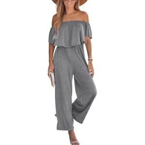 imageCUPSHE Womens Jumpsuit Off shoulder Straight Leg Pants Short Sleeve High Waist Casual Summer Outfits RomperGrey