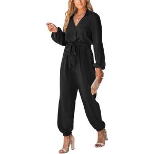 imageCUPSHE Womens Jumpsuits Belted Jogger Jumpsuit Long Sleeve Overall V Neck Outfit Casual DressyBlack