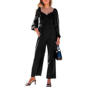 imageCUPSHE Womens Maxi Jumpsuit V Neck Long Sleeve Wide Leg Lace One Piece Fall Casual Outfit Pants Jumpsuits with PocketsBlack