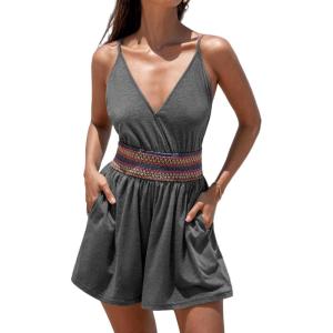 imageCUPSHE Womens V Neck Sleeveless Romper Smocked Waist Wide Leg Jumpsuit Beach Vacation OutfitsGrey