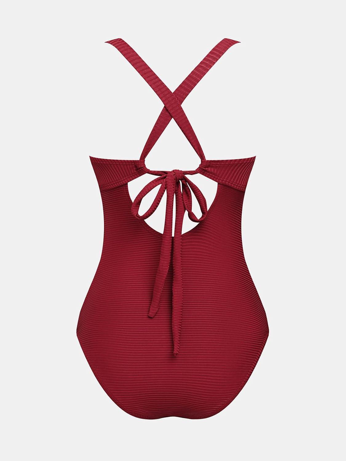imageCUPSHE Maternity One Piece Swimsuit Scoop Neck Pregnancy Bathing Suit for Women Wide Straps Criss Cross Back Tie RibbedBurgundy Red