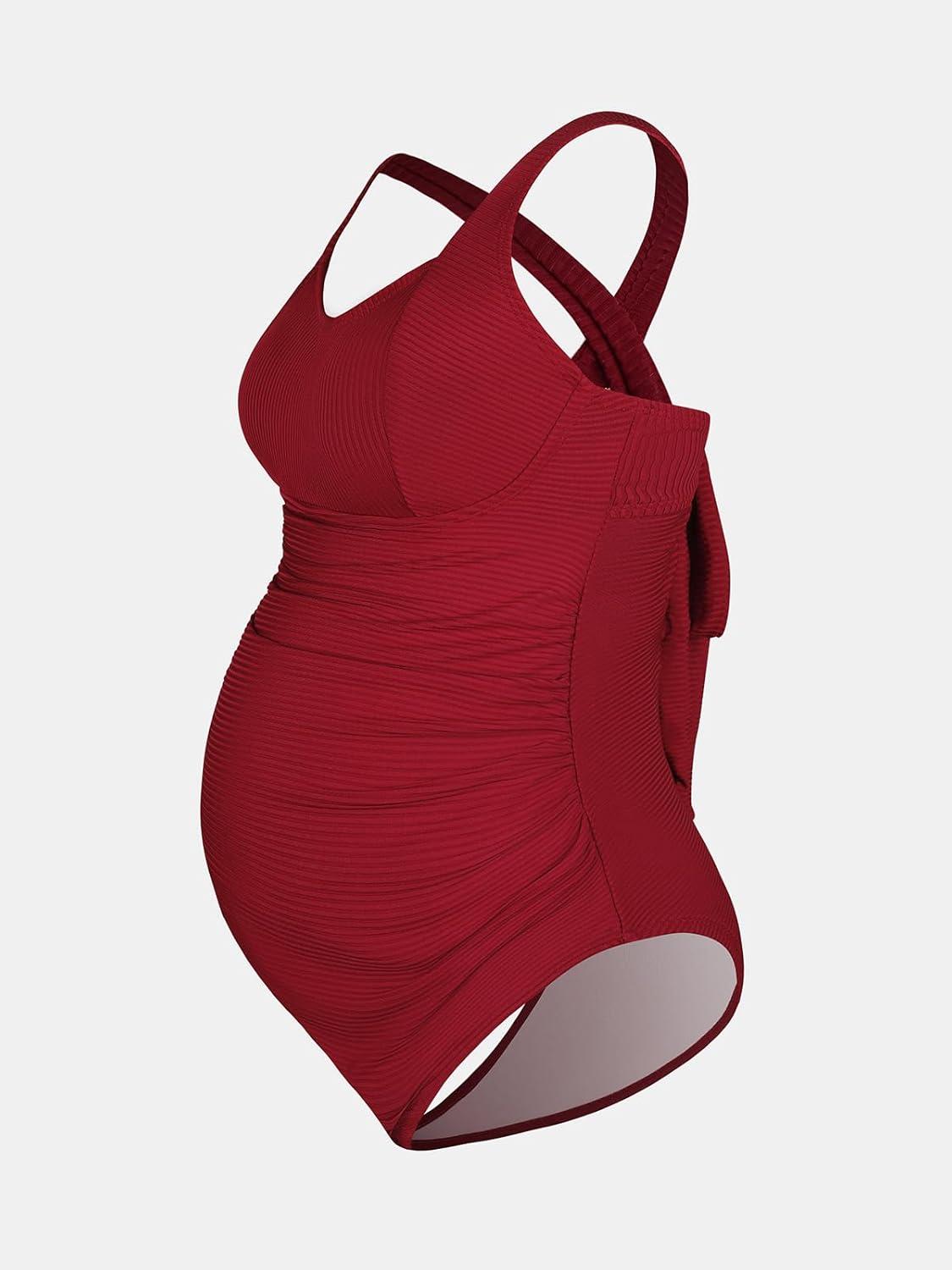 imageCUPSHE Maternity One Piece Swimsuit Scoop Neck Pregnancy Bathing Suit for Women Wide Straps Criss Cross Back Tie RibbedBurgundy Red