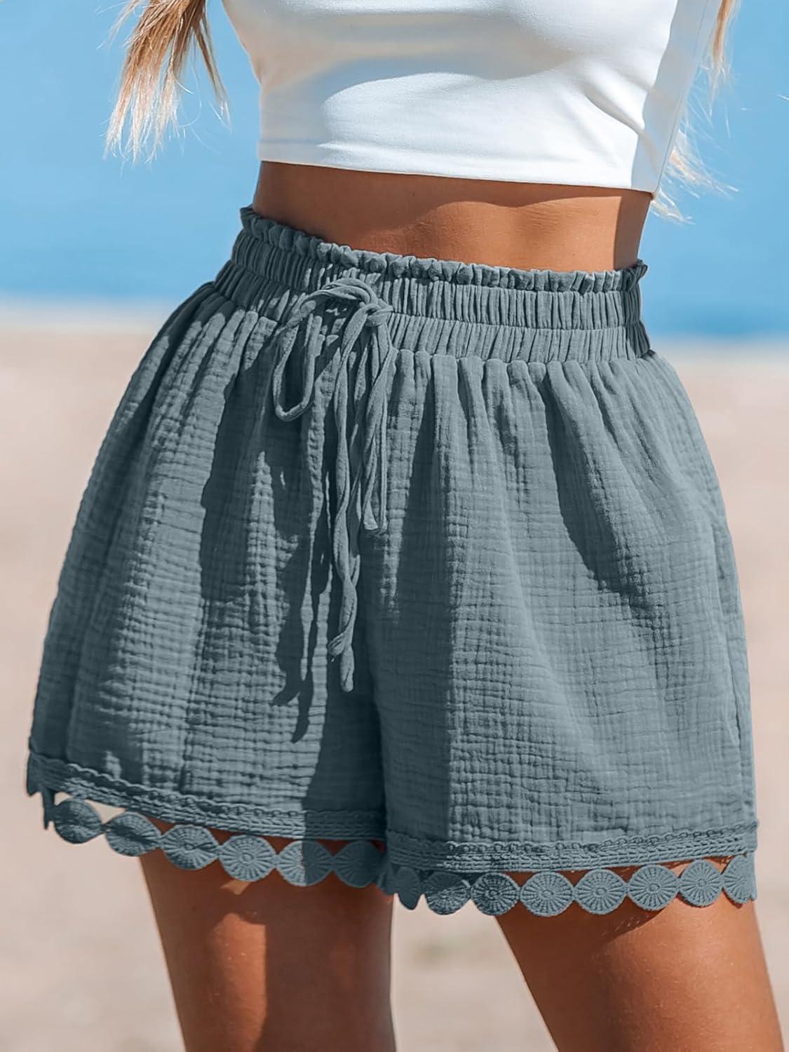 imageCUPSHE Women Swim Cover Up Shorts 100 Cotton Casual Beach Shorts with Side PocketsLight Blue